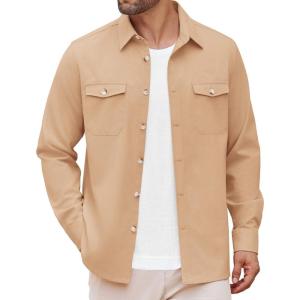 imageCOOFANDY Mens Casual Shirt Jacket Linen Button Down Shirt Long Sleeve Lightweight Shacket with PocketsKhaki