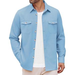 imageCOOFANDY Mens Casual Shirt Jacket Linen Button Down Shirt Long Sleeve Lightweight Shacket with PocketsLight Blue