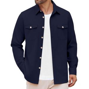 imageCOOFANDY Mens Casual Shirt Jacket Linen Button Down Shirt Long Sleeve Lightweight Shacket with PocketsNave Blue