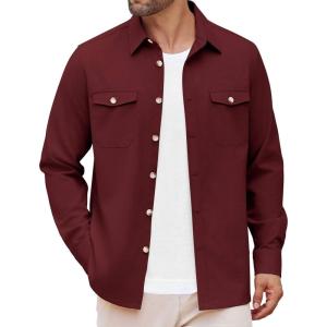 imageCOOFANDY Mens Casual Shirt Jacket Linen Button Down Shirt Long Sleeve Lightweight Shacket with PocketsRed