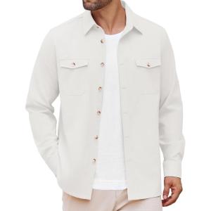 imageCOOFANDY Mens Casual Shirt Jacket Linen Button Down Shirt Long Sleeve Lightweight Shacket with PocketsWhite