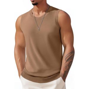 imageCOOFANDY Mens Casual Tank Tops Knit Crew Neck Sleeveless Shirts Summer Beach Tank Top Muscle Tee ShirtsKhaki