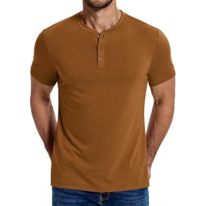 imageCOOFANDY Mens Henley Shirts Cotton Short Sleeve Casual TShirt Button Henley Basic TeeLight Brown