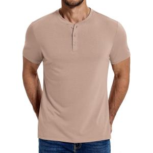 imageCOOFANDY Mens Henley Shirts Cotton Short Sleeve Casual TShirt Button Henley Basic TeeLight Khaki