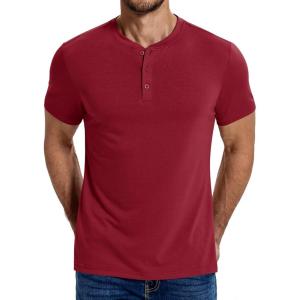 imageCOOFANDY Mens Henley Shirts Cotton Short Sleeve Casual TShirt Button Henley Basic TeeWine Red