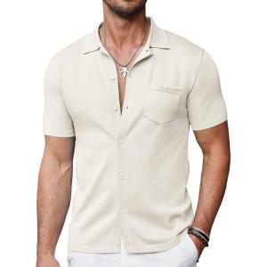 imageCOOFANDY Mens Short Sleeve Knit Shirts Button Down Vintage Polo Casual Beach ShirtsBeige
