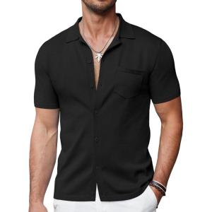 imageCOOFANDY Mens Short Sleeve Knit Shirts Button Down Vintage Polo Casual Beach ShirtsBlack