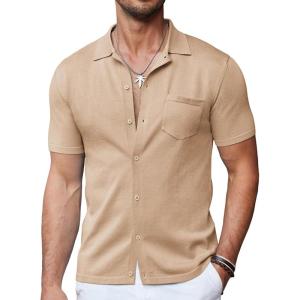 imageCOOFANDY Mens Short Sleeve Knit Shirts Button Down Vintage Polo Casual Beach ShirtsDark Khaki
