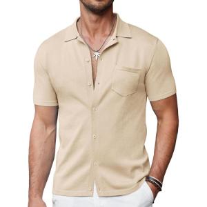 imageCOOFANDY Mens Short Sleeve Knit Shirts Button Down Vintage Polo Casual Beach ShirtsKhaki