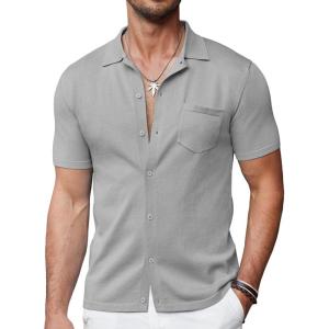 imageCOOFANDY Mens Short Sleeve Knit Shirts Button Down Vintage Polo Casual Beach ShirtsLight Gray