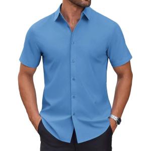 imageCOOFANDY Mens Short Sleeve Dress Shirts Wrinkle Free Casual Button Down Shirts Summer Untucked Dress ShirtBlue