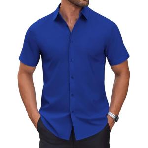 imageCOOFANDY Mens Short Sleeve Dress Shirts Wrinkle Free Casual Button Down Shirts Summer Untucked Dress ShirtDark Blue