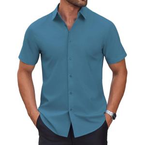 imageCOOFANDY Mens Short Sleeve Dress Shirts Wrinkle Free Casual Button Down Shirts Summer Untucked Dress ShirtDeep Blue