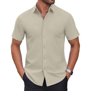 imageCOOFANDY Mens Short Sleeve Dress Shirts Wrinkle Free Casual Button Down Shirts Summer Untucked Dress ShirtKhaki