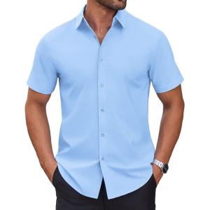 imageCOOFANDY Mens Short Sleeve Dress Shirts Wrinkle Free Casual Button Down Shirts Summer Untucked Dress ShirtLight Blue