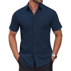 imageCOOFANDY Mens Short Sleeve Dress Shirts Wrinkle Free Casual Button Down Shirts Summer Untucked Dress ShirtNavy Blue