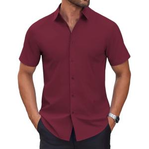 imageCOOFANDY Mens Short Sleeve Dress Shirts Wrinkle Free Casual Button Down Shirts Summer Untucked Dress ShirtWine Red