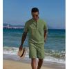 imageCOOFANDY Mens 2 Piece Cotton Linen Sets Summer Beach Outfits Casual Short Sleeve Henley Shirts and Vacation ShortsArmy Green