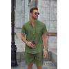 imageCOOFANDY Mens 2 Piece Cotton Linen Sets Summer Beach Outfits Casual Short Sleeve Henley Shirts and Vacation ShortsArmy Green