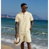 imageCOOFANDY Mens 2 Piece Cotton Linen Sets Summer Beach Outfits Casual Short Sleeve Henley Shirts and Vacation ShortsBeige