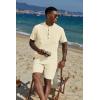 imageCOOFANDY Mens 2 Piece Cotton Linen Sets Summer Beach Outfits Casual Short Sleeve Henley Shirts and Vacation ShortsBeige
