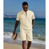 imageCOOFANDY Mens 2 Piece Cotton Linen Sets Summer Beach Outfits Casual Short Sleeve Henley Shirts and Vacation ShortsBeige