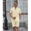 imageCOOFANDY Mens 2 Piece Cotton Linen Sets Summer Beach Outfits Casual Short Sleeve Henley Shirts and Vacation ShortsBeige