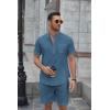 imageCOOFANDY Mens 2 Piece Cotton Linen Sets Summer Beach Outfits Casual Short Sleeve Henley Shirts and Vacation ShortsDenim Blue