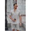 imageCOOFANDY Mens 2 Piece Cotton Linen Sets Summer Beach Outfits Casual Short Sleeve Henley Shirts and Vacation ShortsGrey