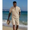 imageCOOFANDY Mens 2 Piece Cotton Linen Sets Summer Beach Outfits Casual Short Sleeve Henley Shirts and Vacation ShortsKhaki