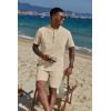 imageCOOFANDY Mens 2 Piece Cotton Linen Sets Summer Beach Outfits Casual Short Sleeve Henley Shirts and Vacation ShortsKhaki