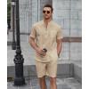 imageCOOFANDY Mens 2 Piece Cotton Linen Sets Summer Beach Outfits Casual Short Sleeve Henley Shirts and Vacation ShortsKhaki