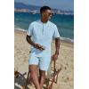 imageCOOFANDY Mens 2 Piece Cotton Linen Sets Summer Beach Outfits Casual Short Sleeve Henley Shirts and Vacation ShortsLight Blue