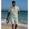 imageCOOFANDY Mens 2 Piece Cotton Linen Sets Summer Beach Outfits Casual Short Sleeve Henley Shirts and Vacation ShortsLight Green