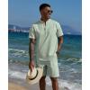 imageCOOFANDY Mens 2 Piece Cotton Linen Sets Summer Beach Outfits Casual Short Sleeve Henley Shirts and Vacation ShortsLight Green