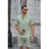 imageCOOFANDY Mens 2 Piece Cotton Linen Sets Summer Beach Outfits Casual Short Sleeve Henley Shirts and Vacation ShortsLight Green