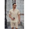 imageCOOFANDY Mens 2 Piece Cotton Linen Sets Summer Beach Outfits Casual Short Sleeve Henley Shirts and Vacation ShortsLight Khaki
