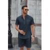imageCOOFANDY Mens 2 Piece Cotton Linen Sets Summer Beach Outfits Casual Short Sleeve Henley Shirts and Vacation ShortsNavy Blue