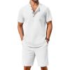 imageCOOFANDY Mens 2 Piece Cotton Linen Sets Summer Beach Outfits Casual Short Sleeve Henley Shirts and Vacation ShortsAll White