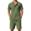 imageCOOFANDY Mens 2 Piece Cotton Linen Sets Summer Beach Outfits Casual Short Sleeve Henley Shirts and Vacation ShortsArmy Green