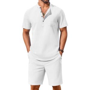 imageCOOFANDY Mens 2 Piece Cotton Linen Sets Summer Beach Outfits Casual Short Sleeve Henley Shirts and Vacation ShortsAll White