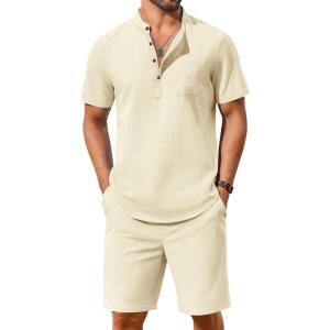 imageCOOFANDY Mens 2 Piece Cotton Linen Sets Summer Beach Outfits Casual Short Sleeve Henley Shirts and Vacation ShortsBeige
