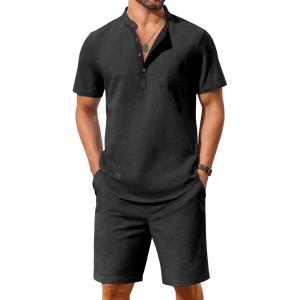 imageCOOFANDY Mens 2 Piece Cotton Linen Sets Summer Beach Outfits Casual Short Sleeve Henley Shirts and Vacation ShortsBlack