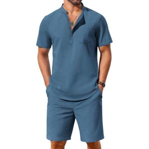 imageCOOFANDY Mens 2 Piece Cotton Linen Sets Summer Beach Outfits Casual Short Sleeve Henley Shirts and Vacation ShortsDenim Blue