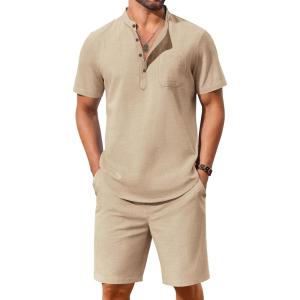 imageCOOFANDY Mens 2 Piece Cotton Linen Sets Summer Beach Outfits Casual Short Sleeve Henley Shirts and Vacation ShortsKhaki