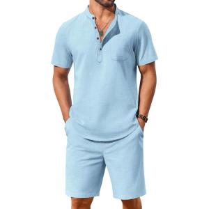 imageCOOFANDY Mens 2 Piece Cotton Linen Sets Summer Beach Outfits Casual Short Sleeve Henley Shirts and Vacation ShortsLight Blue