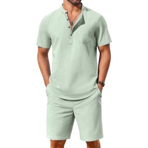 imageCOOFANDY Mens 2 Piece Cotton Linen Sets Summer Beach Outfits Casual Short Sleeve Henley Shirts and Vacation ShortsLight Green