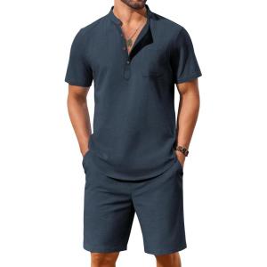 imageCOOFANDY Mens 2 Piece Cotton Linen Sets Summer Beach Outfits Casual Short Sleeve Henley Shirts and Vacation ShortsNavy Blue