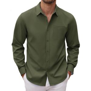 imageCOOFANDY Mens Long Sleeve Button Down Dress Shirts Casual Business Casual Shirt Wrinkle Free Untucked ShirtsArmy Green