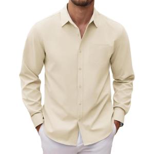imageCOOFANDY Mens Long Sleeve Button Down Dress Shirts Casual Business Casual Shirt Wrinkle Free Untucked ShirtsBeige